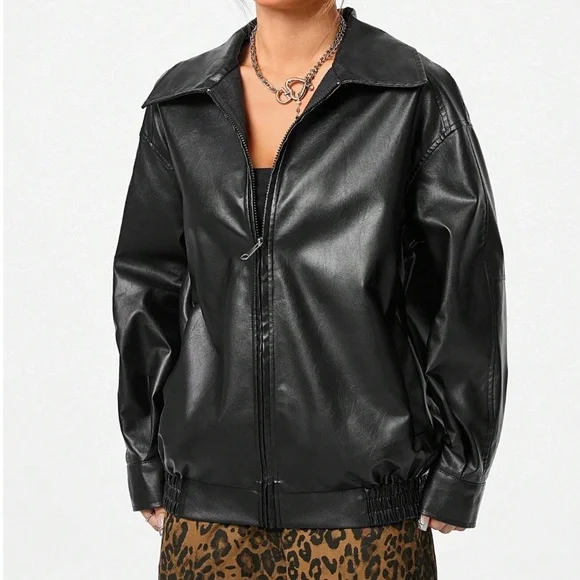 Luxe Vegan Leather Zipper Pockets Oversized Bomber Jacket - Picture 2 of 9